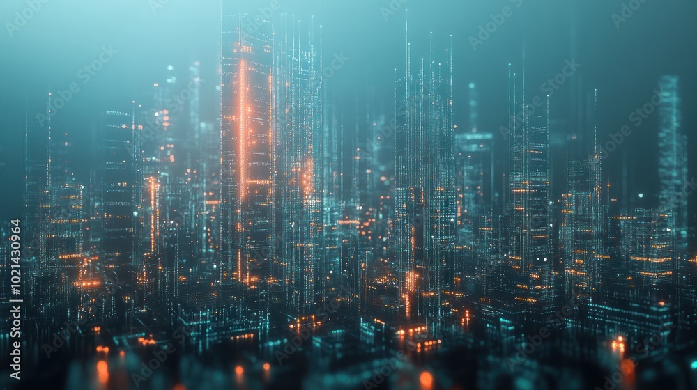 Fototapeta premium Futuristic cityscape with glowing skyscrapers and digital elements.