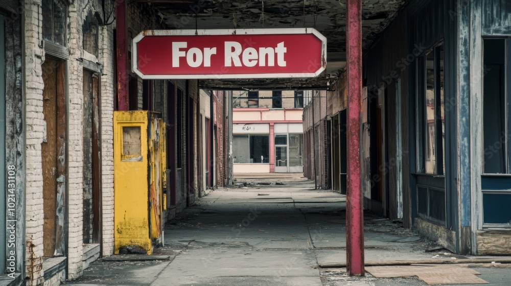 A For Rent Sign in a Decaying Building Alleyway A For Rent Sign in a Decaying Building Alleyway