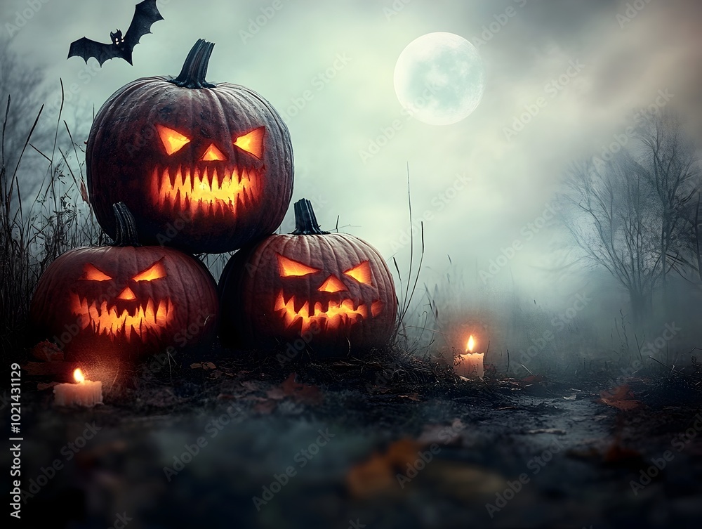 Carved Halloween pumpkins with ominous glowing expressions are illuminated by flickering candlelight and the eerie glow of a full moon casting long shadows across a rustic autumnal field Carved Halloween pumpkins with ominous glowing expressions are illuminated by flickering candlelight and the eerie glow of a full moon casting long shadows across a rustic autumnal field
