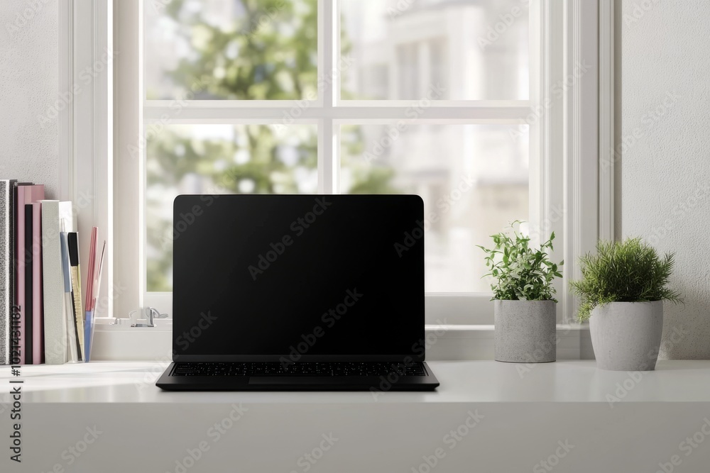 Sleek black laptop on a clean desk with a window view Sleek black laptop on a clean desk with a window view