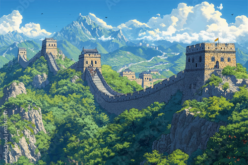 Vector illustration of a vibrant view of the Great Wall of China winding through lush green mountains under a bright blue sky with cloud