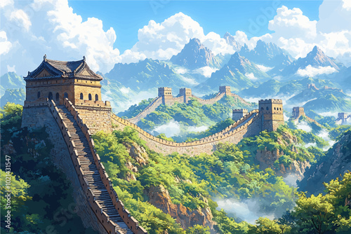 Vector illustration of a vibrant view of the Great Wall of China winding through lush green mountains under a bright blue sky with cloud