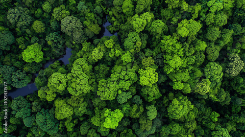 Aerial view of a lush green forest with a winding river.