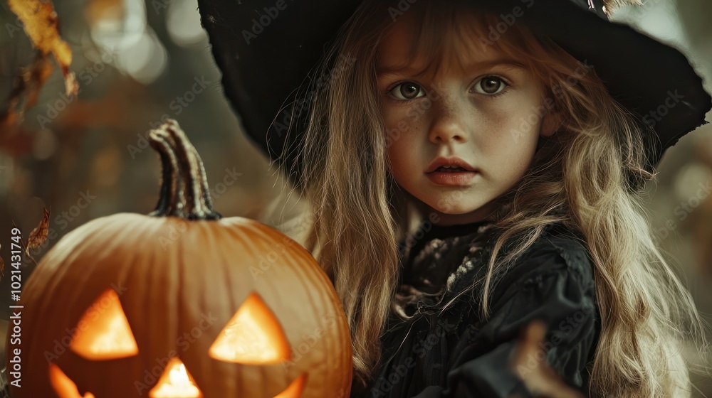 Little witch with halloween pumpkin Little witch with halloween pumpkin