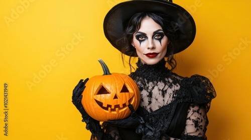 Magician woman wearing black costume and halloween makeup holding carved pumpkin, isolated over yellow background