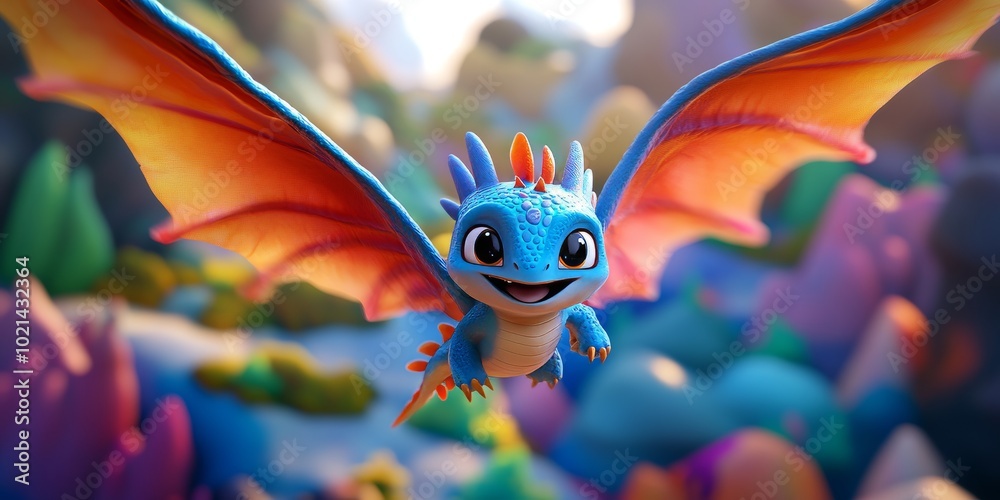 Adorable tiny dragon with oversized wings in a fantasy landscape Adorable tiny dragon with oversized wings in a fantasy landscape