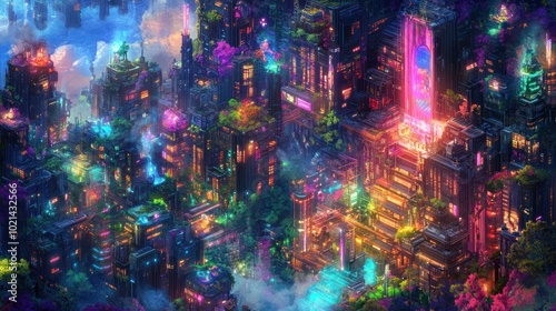 A vibrant, futuristic city with neon lights, glowing waterfalls, and towering structures.