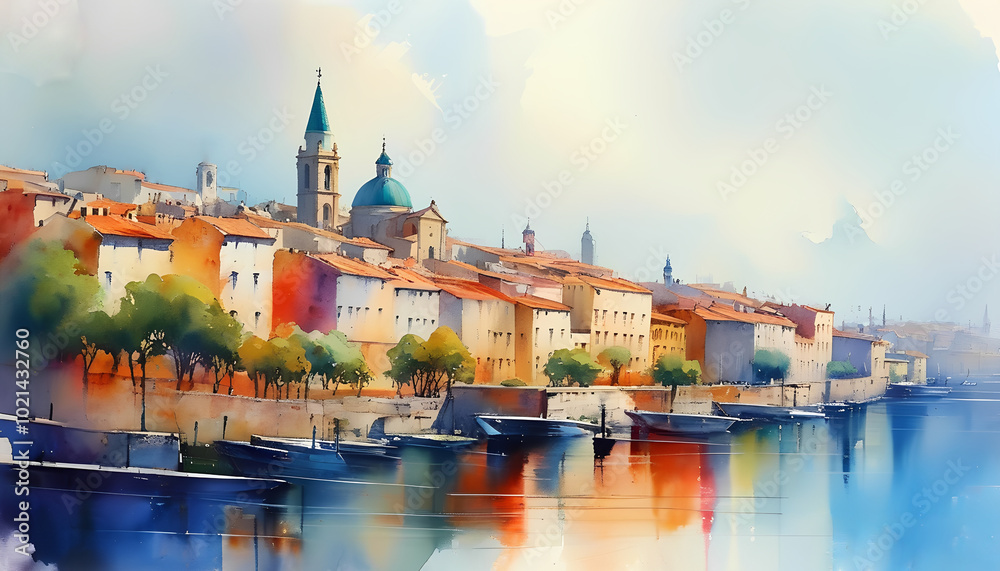 Obraz premium A watercolor painting of a picturesque European cityscape with a river in the foreground and a church steeple in the background