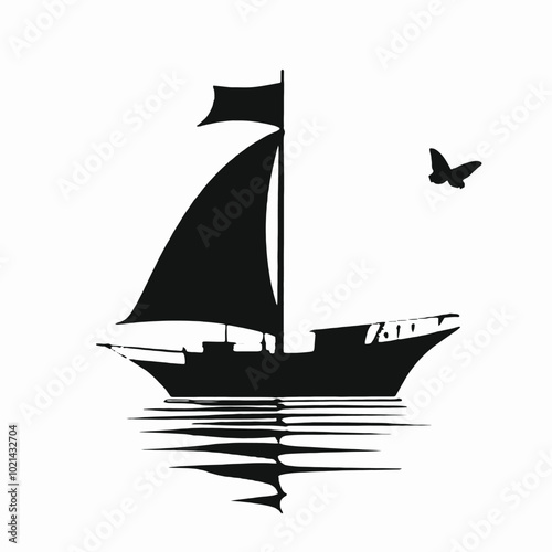 A black silhouette of a sailboat with a tall mast and billowing sails, floating on calm waters with birds flying overhead 