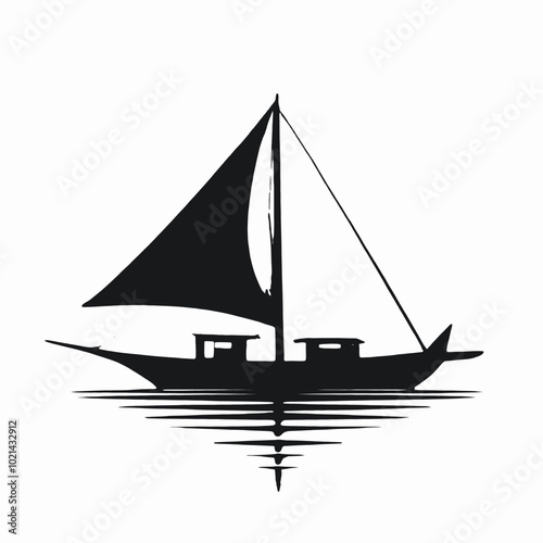 A black silhouette of a sailboat with a tall mast and billowing sails, floating on calm waters with birds flying overhead 