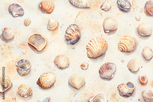 Seashells scattered on a sandy surface, watercolor style illustration with soft textures and pastel tones.