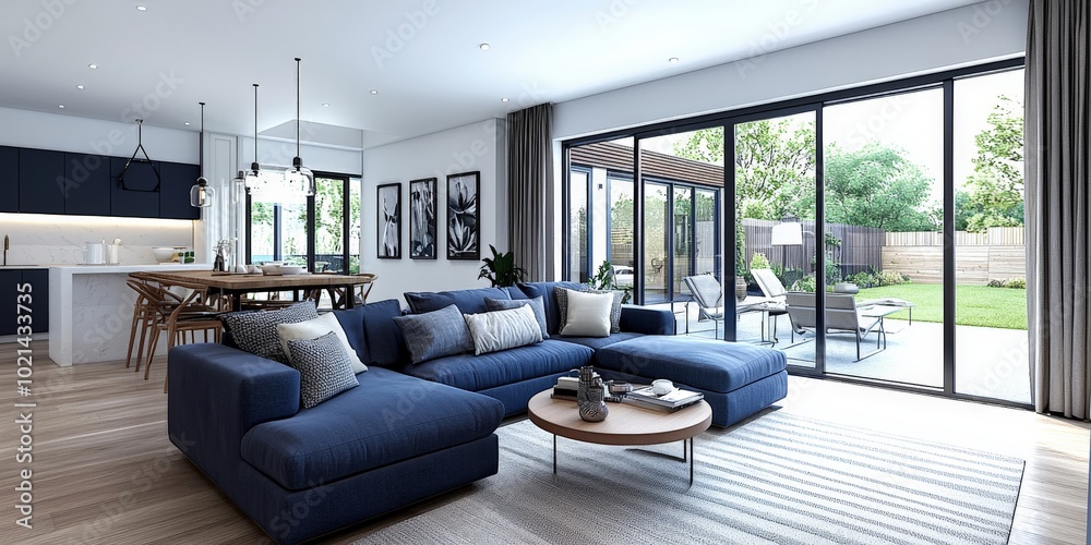 Fototapeta premium A spacious living room with a plush blue corner sofa, large glass doors opening to a garden, and neutral tones throughout the decor, creating a fresh indoor-outdoor flow