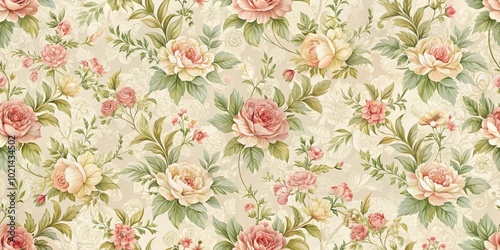 A Delicate Floral Pattern with Softly Colored Roses and Green Foliage on a Cream Background