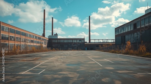 Empty Parking Lot in Front of Abandoned Factory Buildings photo