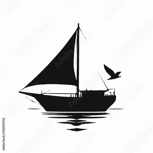 A black silhouette of a sailboat with a tall mast and billowing sails, floating on calm waters with birds flying overhead 