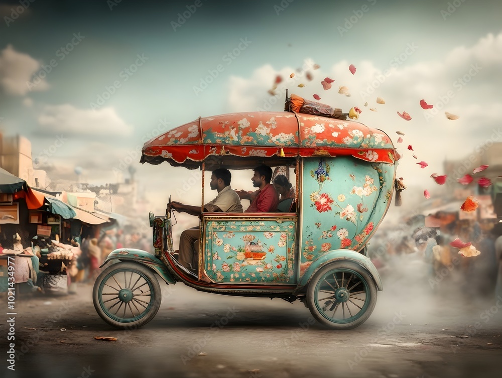 An ornately decorated rickshaw winding its way through a crowded ...