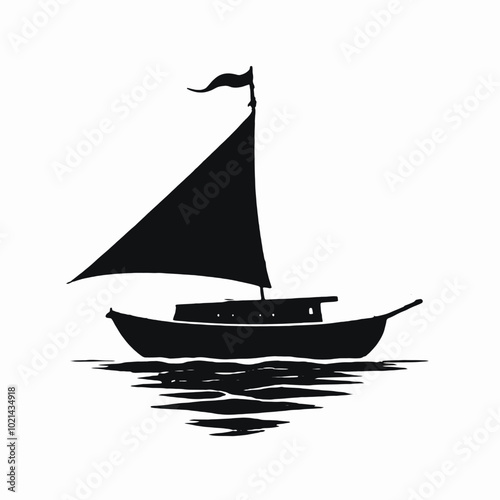 A black silhouette of a sailboat with a tall mast and billowing sails, floating on calm waters with birds flying overhead 