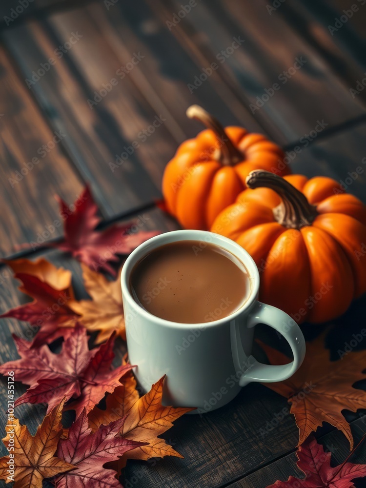 Mug of coffee and autumn leaves with orange pumpkin on wooden table autumn drink concept halloween backdrop Mug of coffee and autumn leaves with orange pumpkin on wooden table autumn drink concept halloween backdrop