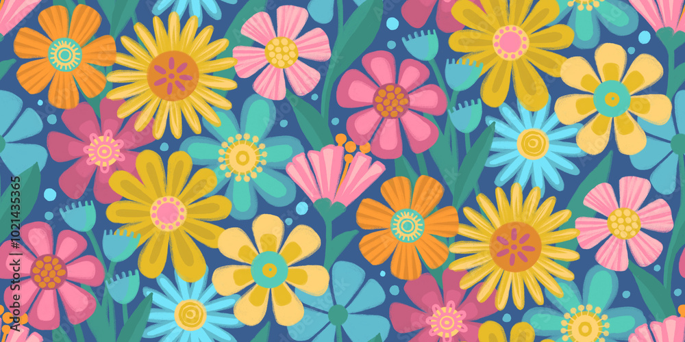 Vibrant floral pattern with stylized flowers in a variety of pastel shades, green leaves and stems in a repeating vertical design on deep blue background with a playful aesthetic. Vibrant floral pattern with stylized flowers in a variety of pastel shades, green leaves and stems in a repeating vertical design on deep blue background with a playful aesthetic.