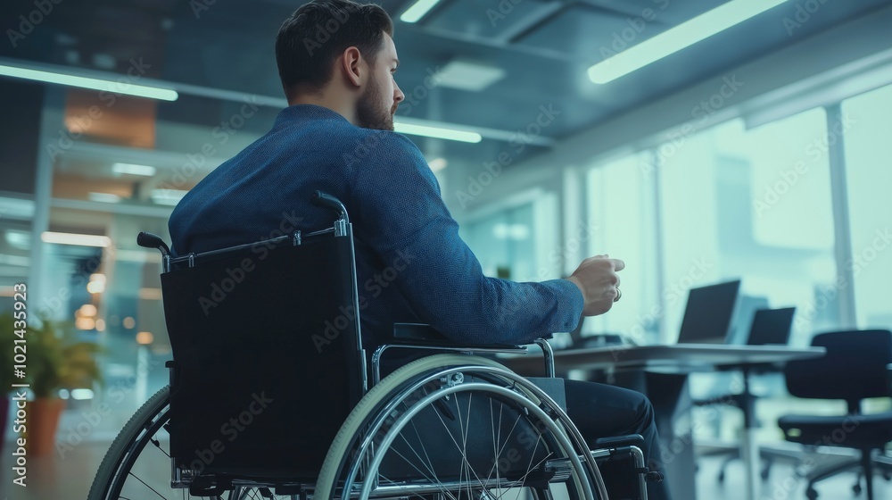 A close-up of a disabled man in a wheelchair, looking thoughtful in a modern office setting. A close-up of a disabled man in a wheelchair, looking thoughtful in a modern office setting.
