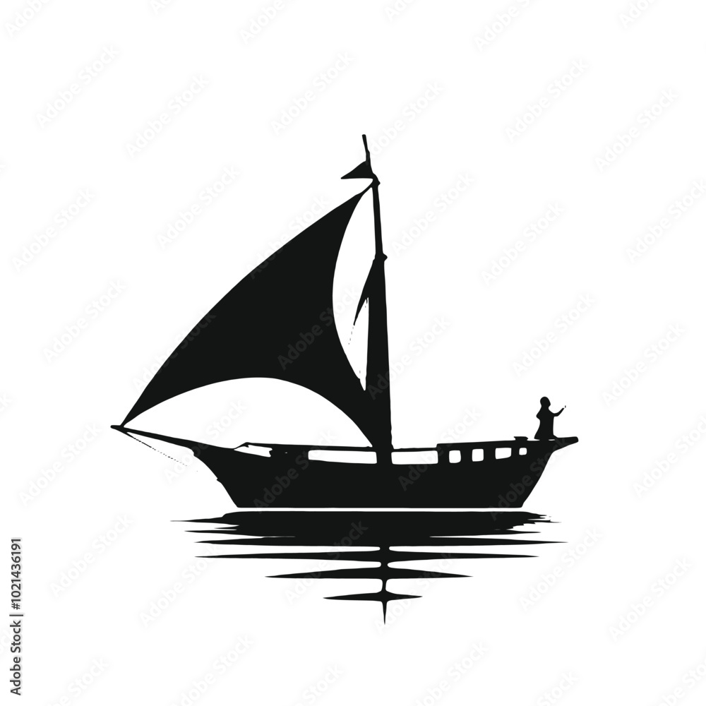 A black silhouette of a sailboat with a tall mast and billowing sails, floating on calm waters with birds flying overhead A black silhouette of a sailboat with a tall mast and billowing sails, floating on calm waters with birds flying overhead