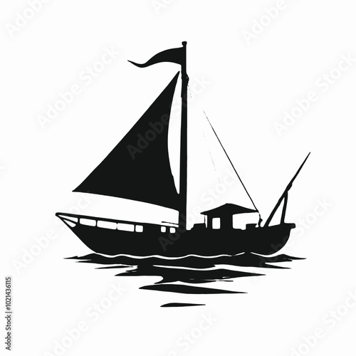 A black silhouette of a sailboat with a tall mast and billowing sails, floating on calm waters with birds flying overhead 