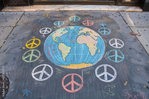A chalk drawing on a sidewalk of a globe surrounded by peace symbols