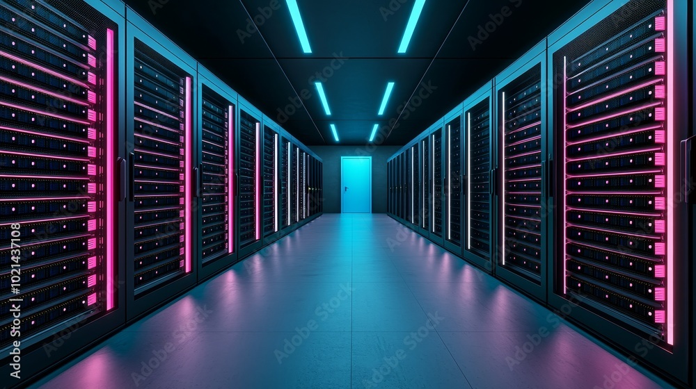 Fototapeta premium Futuristic Neon Data Corridor with Glowing Server Racks and Blue Door, Symmetrical Techno Industrial Design for Cyber Security Concepts