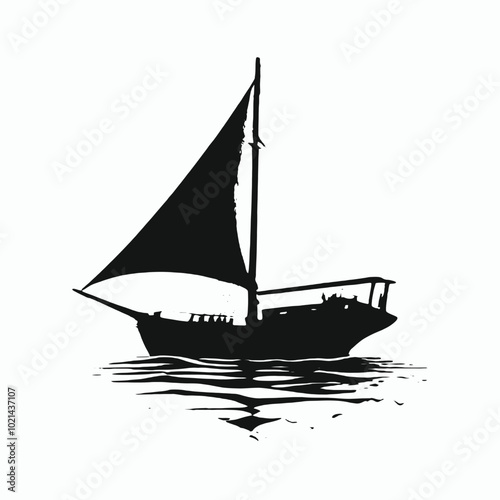 A black silhouette of a sailboat with a tall mast and billowing sails, floating on calm waters with birds flying overhead 