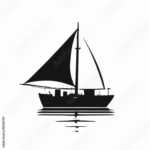 A black silhouette of a sailboat with a tall mast and billowing sails, floating on calm waters with birds flying overhead 