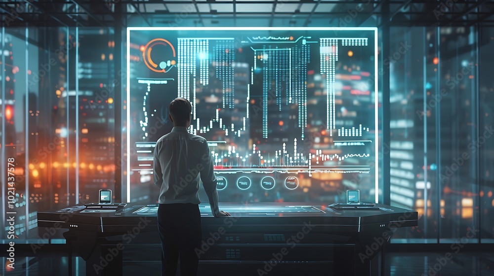 A business professional analyzing floating holographic charts and financial reports in a minimalist office setting A business professional analyzing floating holographic charts and financial reports in a minimalist office setting