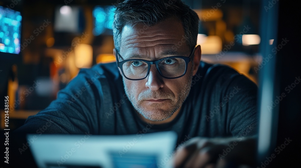 Intense Creative Focus: Cinematic Office Scene of Web Designer at Night Intense Creative Focus: Cinematic Office Scene of Web Designer at Night