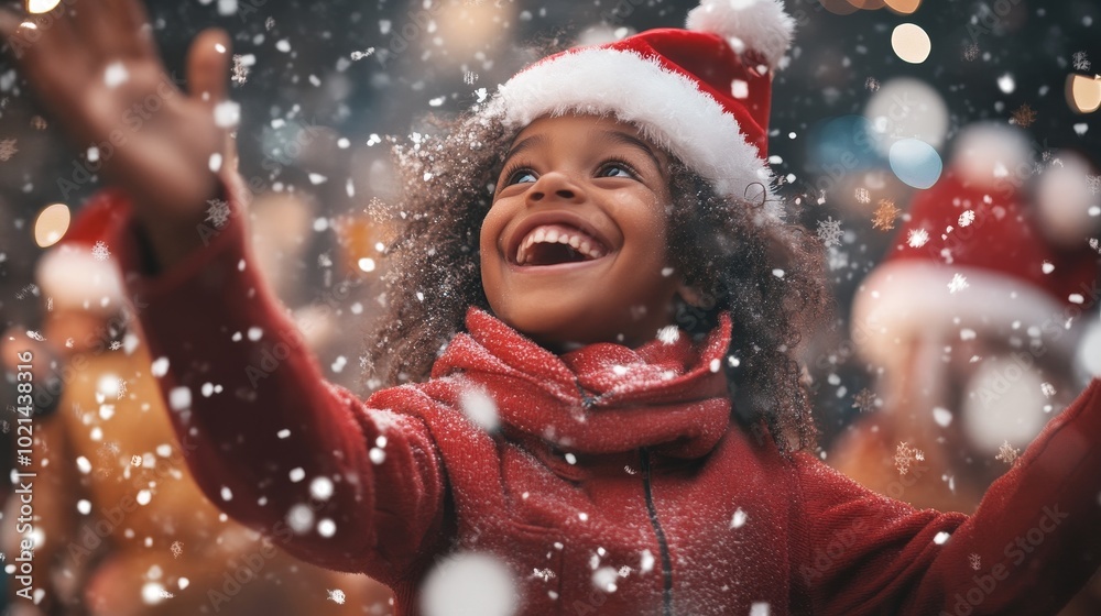 Joyful Child in a Red Coat and Santa Hat Enjoying a Snowy Winter Celebration With Sparkling Lights at Night Joyful Child in a Red Coat and Santa Hat Enjoying a Snowy Winter Celebration With Sparkling Lights at Night