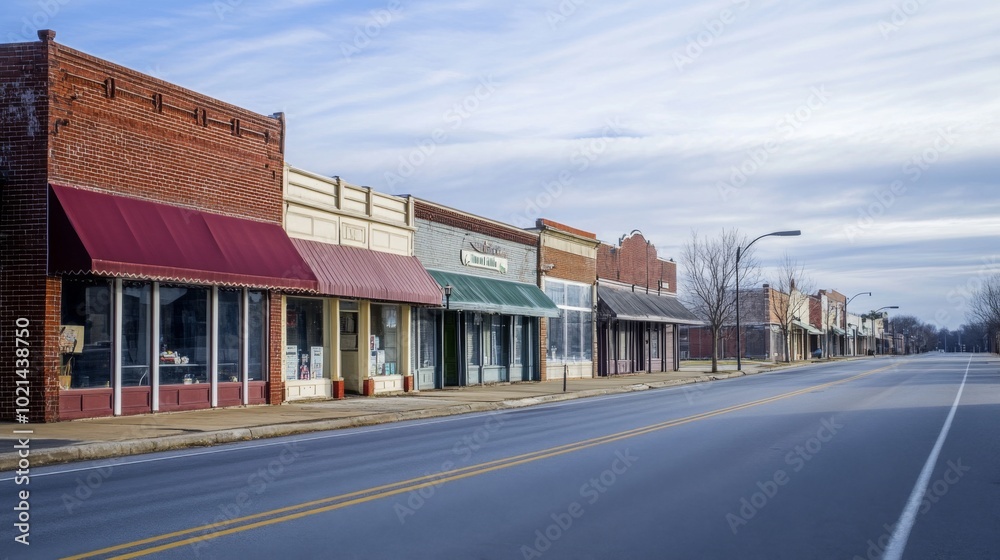 Empty Street Lined with Brick Storefronts in a Small Town Empty Street Lined with Brick Storefronts in a Small Town