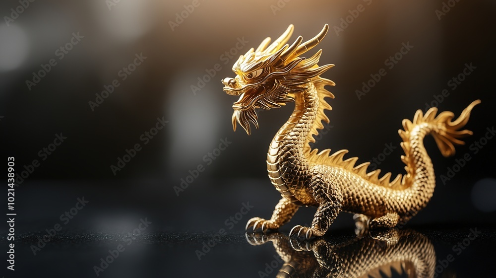 Fototapeta premium Golden dragon statue on dark reflective surface with copy space