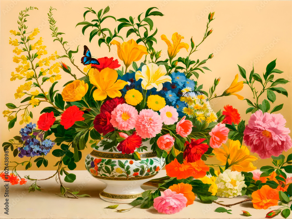 custom made wallpaper toronto digitalLavish Multicolored Floral Arrangement in Ornate Vase with Delicate Butterfly against Warm Background