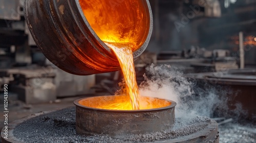 Dynamic Molten Metal Pouring Intense Orange-Red Liquid Flow, Industrial Foundry Setting Dramatic Metalworking Process Concept