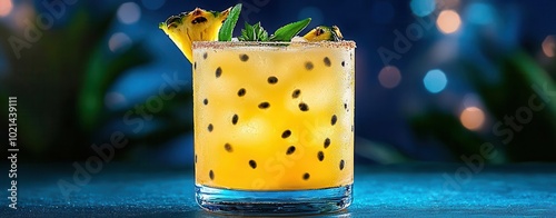 Tropical cocktail with passion fruit, mint, and pineapple garnish on a blue background. photo