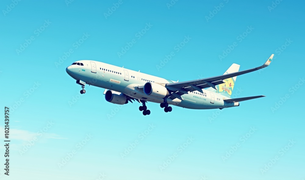 Fototapeta premium A commercial airplane gracefully descending against a clear blue sky, symbolizing travel, adventure, and the aviation industry.