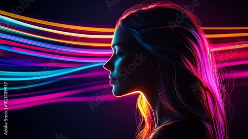 A silhouette of a woman with vibrant neon light trails representing creativity and inspiration.