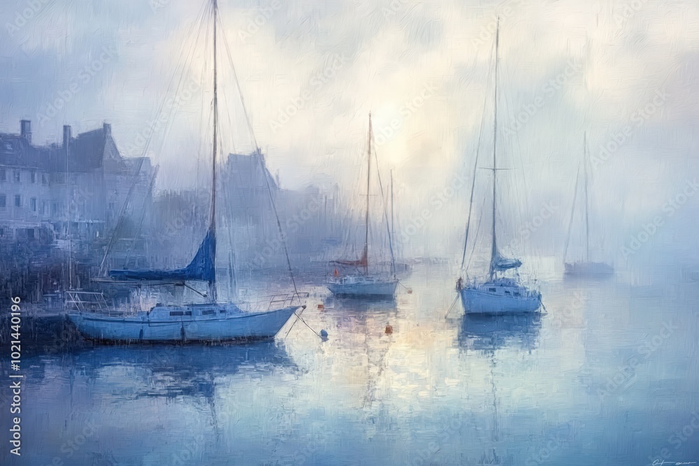 Four sailboats docked in a foggy harbor. Four sailboats docked in a foggy harbor.