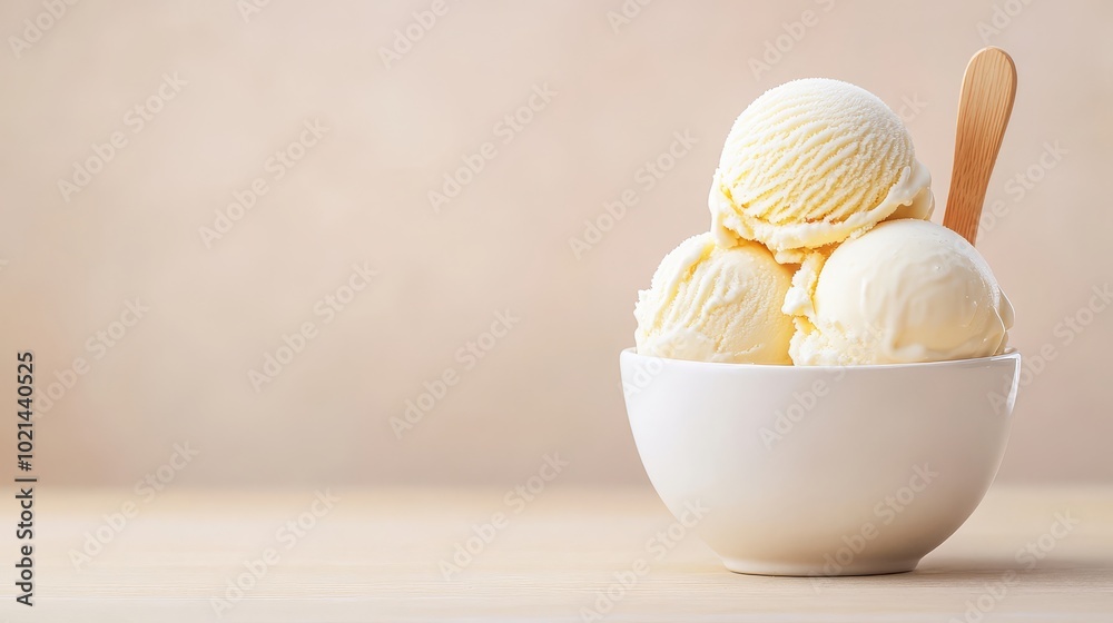 Scoops of ice cream in a bowl, rustic background, soft focus