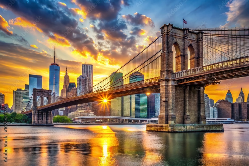 Naklejka premium Iconic Brooklyn Bridge at Sunset with Vibrant Skyline of New York City in the Background