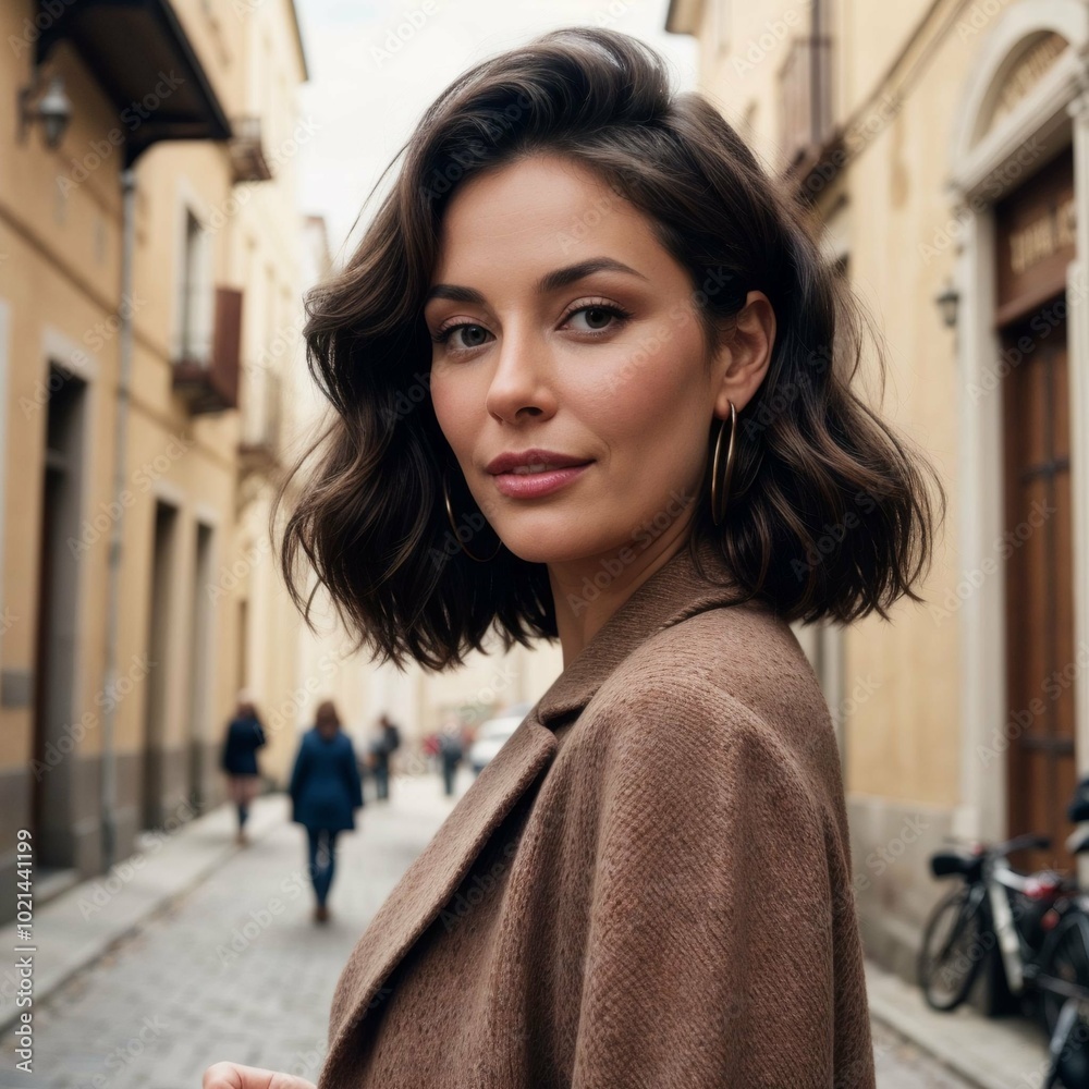 A beautiful woman with shoulder-length, wavy brunette hair. She wears a brown, textured coat and large hoop earrings. She stands on a narrow, cobblestone street in a European city.