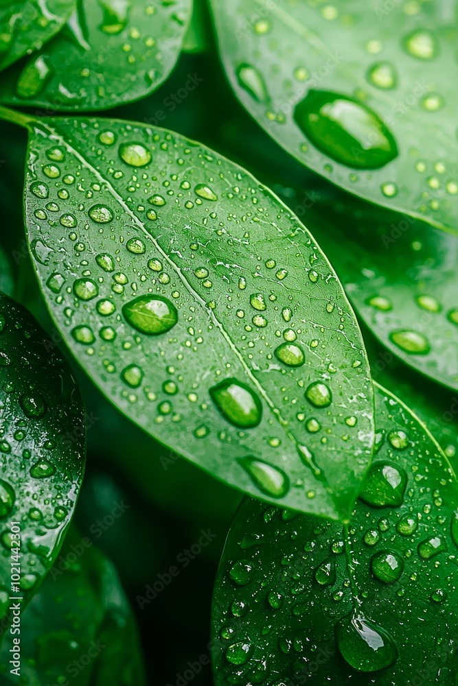 Serene Green Close-Up of Dewy Leaf with Glistening Water Droplets in Natural Setting, Tranquil Macro View of Nature's Freshness