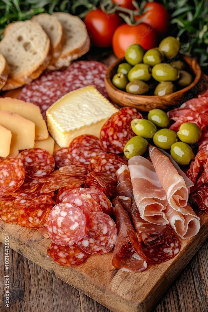 Gourmet Charcuterie Board with Variety of Meats and Cheeses on Wooden Platter - Festive Delicacies for Exquisite Dining and Celebration Gourmet Charcuterie Board with Variety of Meats and Cheeses on Wooden Platter - Festive Delicacies for Exquisite Dining and Celebration