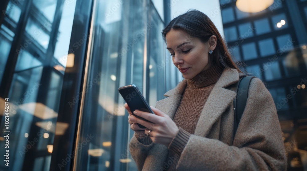 Woman in a Brown Coat Using a Smartphone in an Urban Setting Woman in a Brown Coat Using a Smartphone in an Urban Setting