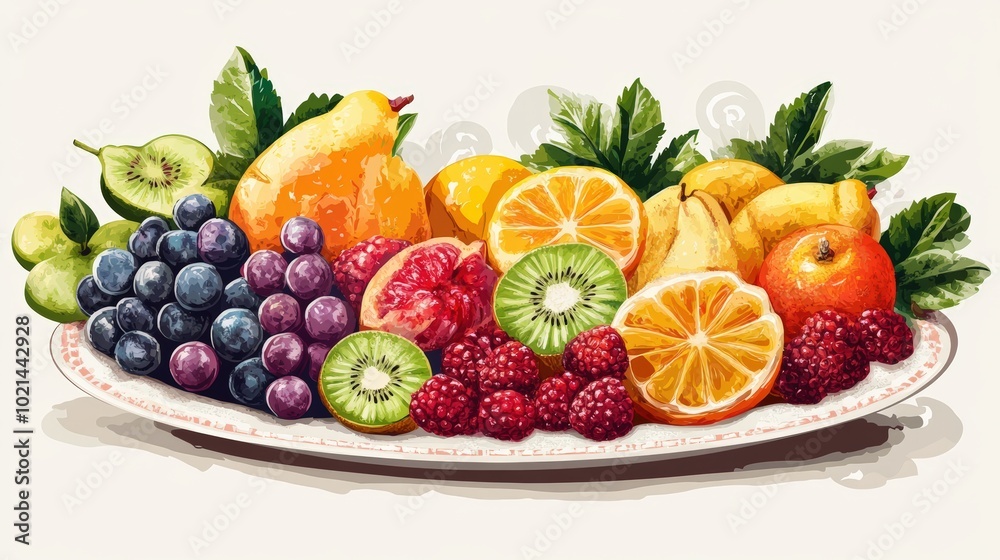 A plate of fruit with grapes, kiwi, oranges and raspberries. A plate of fruit with grapes, kiwi, oranges and raspberries.