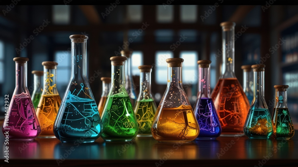A row of colorful liquids in glass beakers with cork stoppers on a wooden table, illuminated with sparkling particles in a laboratory setting. A row of colorful liquids in glass beakers with cork stoppers on a wooden table, illuminated with sparkling particles in a laboratory setting.