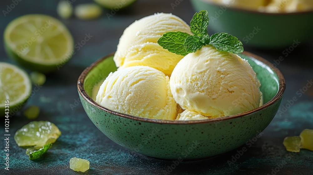 Lime ice cream scoops in a green bowl, garnished with fresh mint Lime ice cream scoops in a green bowl, garnished with fresh mint